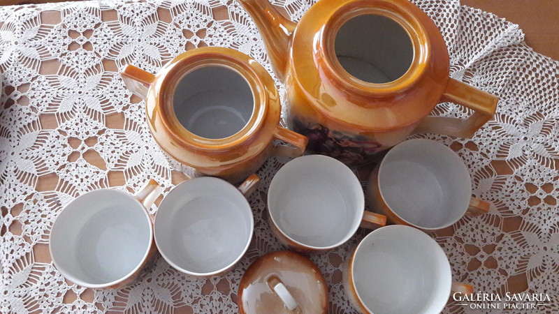Zsolnay jelenetes, antik porcelán,  lüszter mázas teás készlet