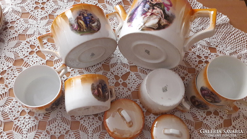 Zsolnay jelenetes, antik porcelán,  lüszter mázas teás készlet