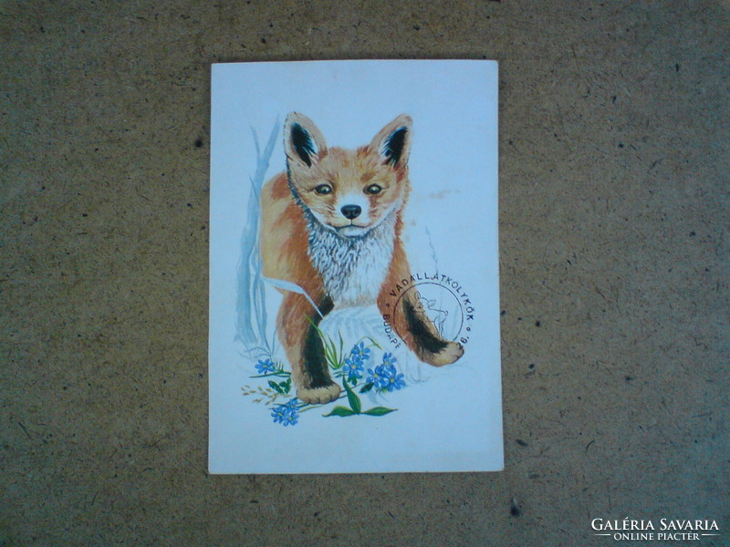 Old graphic postcard - red fox 1976 - graphics: Éva Zombori