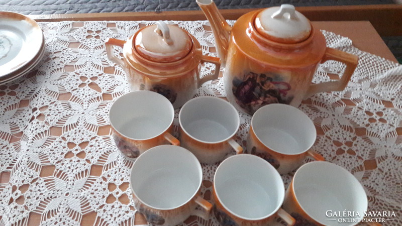 Zsolnay scenic, antique porcelain, luster-glazed tea set