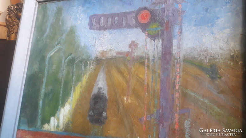 Dely T. : Vonat (olajfestmény kartonon, üveg alatt kerettel 75x54) szocreál festmény