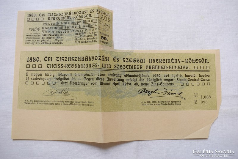 Tiszai és Szegedi kölcsön KamatozóNyereménykölcsön 1880 , 100 Forint -ról