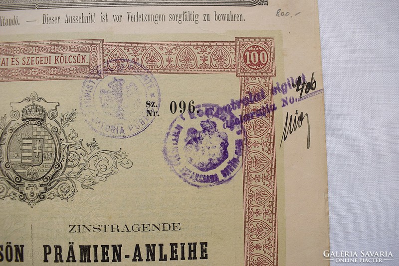 Tiszai és Szegedi kölcsön KamatozóNyereménykölcsön 1880 , 100 Forint -ról