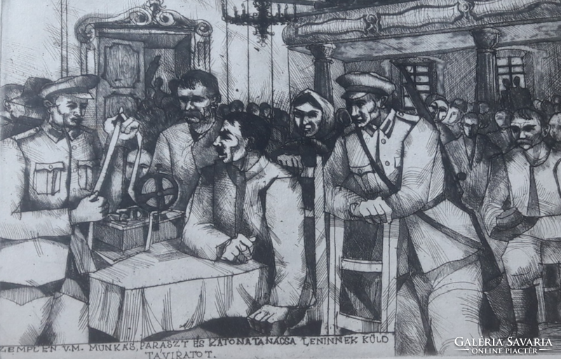 Czinke Ferenc: Távirat Leninnek (rézkarc 40x28 cm, 1970) Lenin-mappa, szocialista