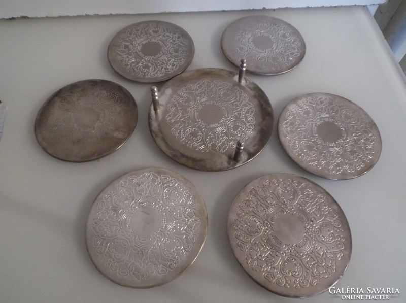 Coaster - silver-plated - 7 pcs + holder - engraved - in box - 9.5 cm - German