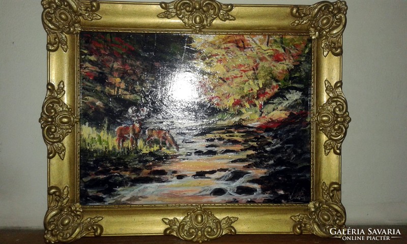 "Szarvasok nyomában'festmény farostlemezen,keretben.38 x 30 cm