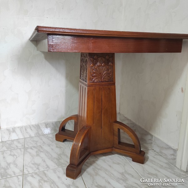 Art Nouveau table, special piece, carved art-deco, modern trendy setting, pedestal