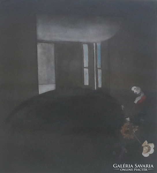 Victoria Ortiz: Misztikus jelenet (szép fa keretben 44x63 cm) magányos nő virággal
