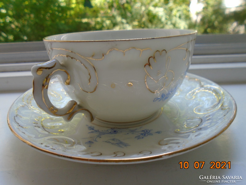 19. Sz new rococo convex shell and painted zinc, tea cup with flower patterns and coaster