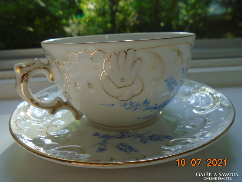 19. Sz new rococo convex shell and painted zinc, tea cup with flower patterns and coaster