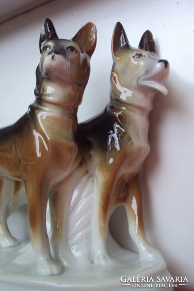 German Shepherd dog pair .--- Hand-painted figural porcelain display ornament (with German markings)
