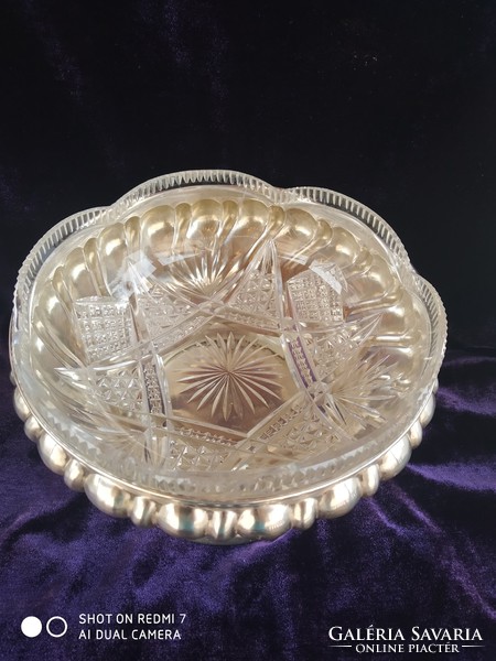 Antik ezüst (Diana) 800-as üvegbetétes (kristály)/Dávidcsillagos/ talpas kináló, asztalközép