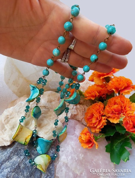 Special, unique, long real turquoise necklace with swarovski crystals