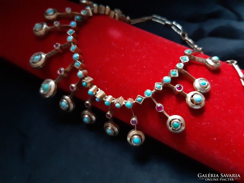 Antique rare silver necklace with ruby and turquoise