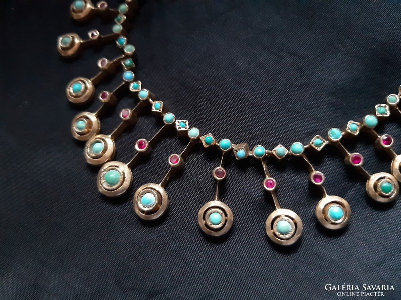 Antique rare silver necklace with ruby and turquoise