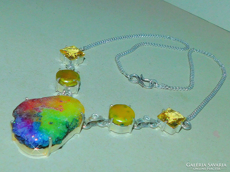 Rainbow druzy agate-eosin shiny real pearl necklace