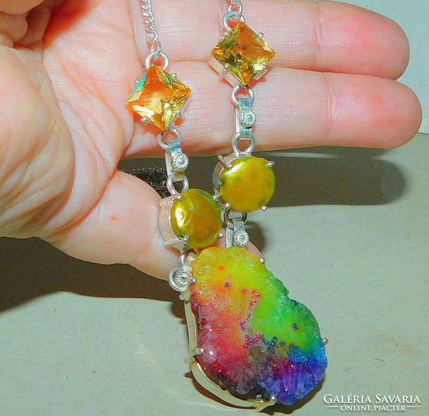 Rainbow druzy agate-eosin shiny real pearl necklace