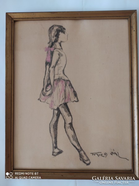 Fried Pál jelzéssel - Balerina üvegezett, eredeti keretében, szignózott, hibátlan 34 cm