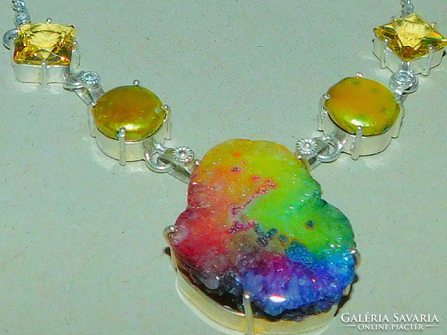 Rainbow druzy agate-eosin shiny real pearl necklace