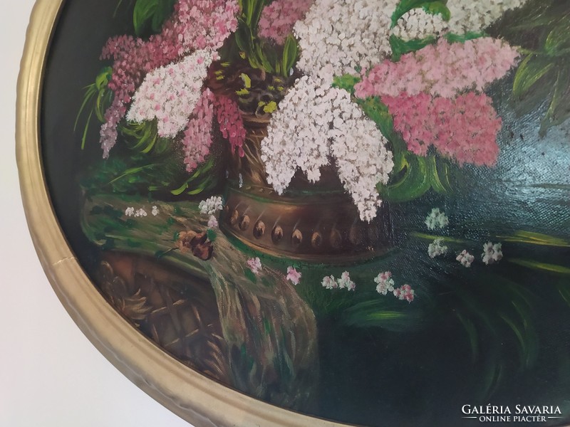 OVÁLIS NAGY TÜKÖRKERET- Régi nagyméretű farostra festett olaj csendélet ovális festmény