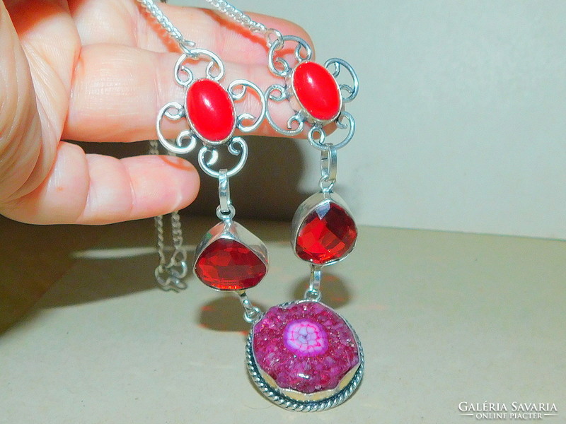 Cherry red druzy agate mineral stone necklace