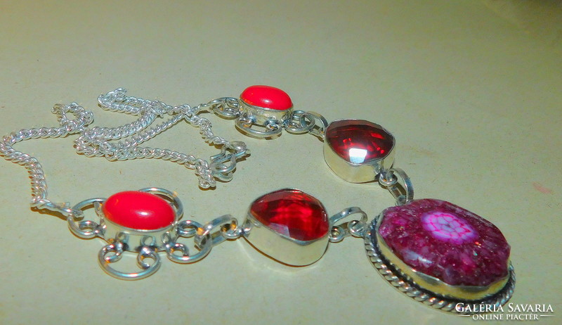 Cherry red druzy agate mineral stone necklace