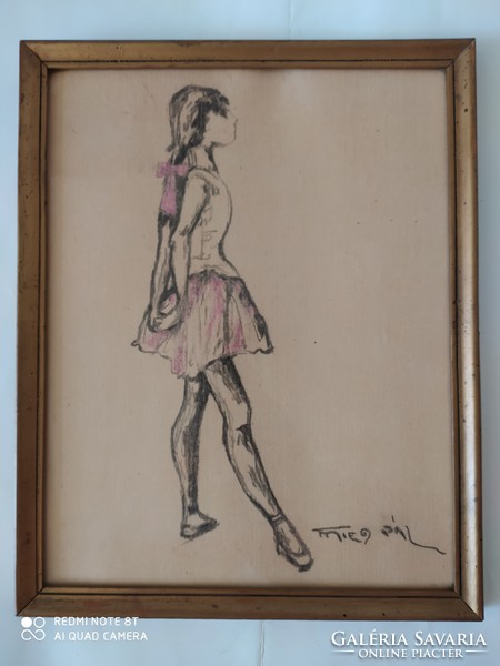 Fried Pál jelzéssel - Balerina üvegezett, eredeti keretében, szignózott, hibátlan 34 cm