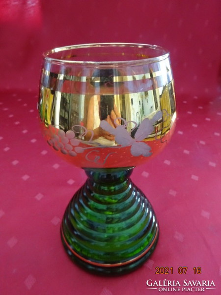 Green stemmed wine glass, with gilded bunch of grapes, Korneuburg skyline. He has!