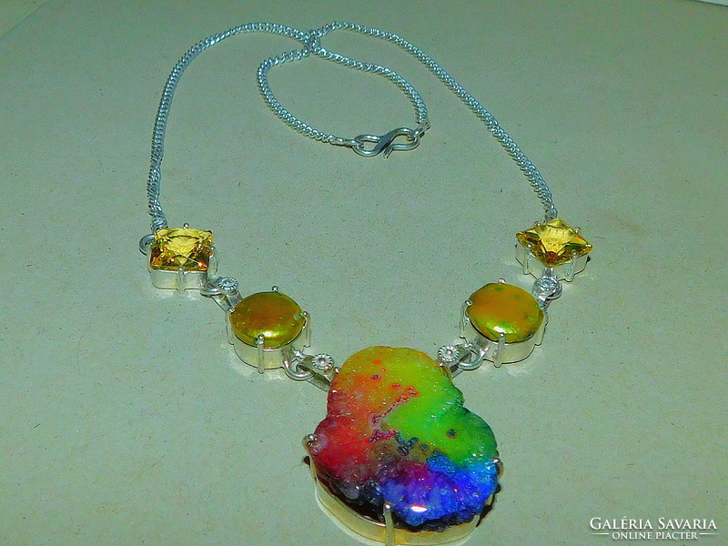 Rainbow druzy agate-eosin shiny real pearl necklace