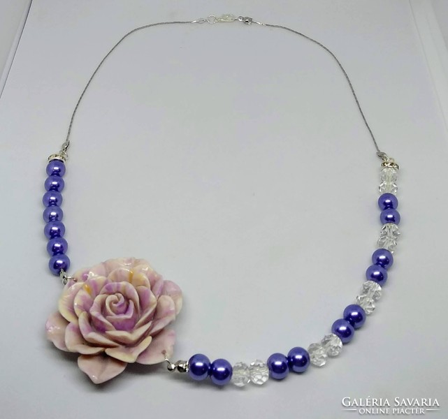 Lavender purple pearl and white Austrian crystal necklace