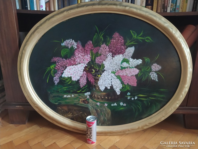 OVÁLIS NAGY TÜKÖRKERET- Régi nagyméretű farostra festett olaj csendélet ovális festmény