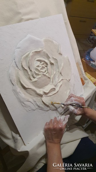 Rózsa dombormű, gipsz fára,46 cm x 46 cm,Molnár Gabriella