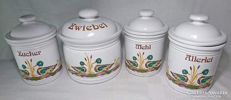 Large hand-rolled white glazed wild duck pattern heavy ceramic containers in one