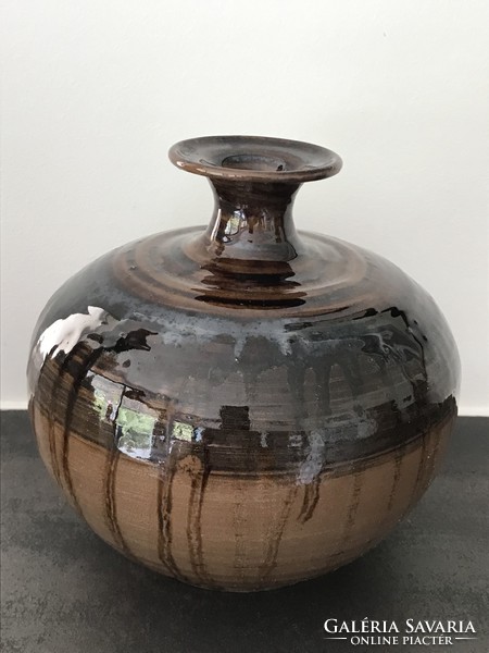 Retro kerámia váza csorgatott mázzal, irizáló fénnyel, 18 cm