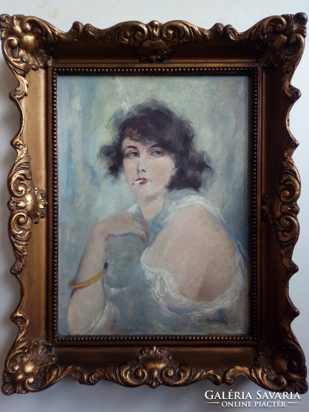 László Bartha: woman smoking a cigarette, oil painting