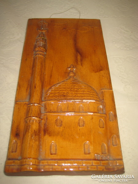 Pécs terracotta mural, minaret with mosque 17 x 33 cm / made by Carcagi /