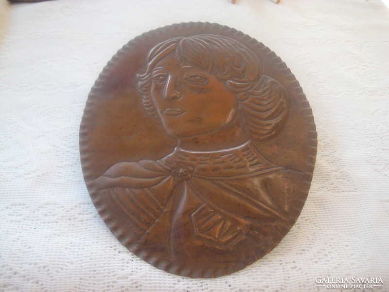 Retro, goldsmith's work, mural on a red copper base. Embossed image of a young lady 16.5 x 21 mm
