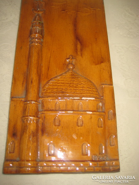 Pécs terracotta mural, minaret with mosque 17 x 33 cm / made by Carcagi /