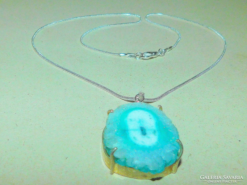 Blue druzy agate mineral stone pendant with gift necklace