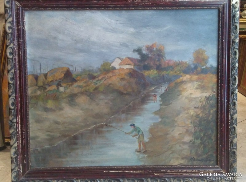 60 x 70 cm olaj festmány, karton j. j. l. ... 20 sz. Elejéről, patakmenti falu ábrázolás