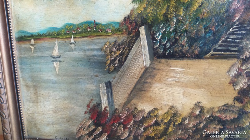 (K) Régi festmény Gulyás J. szignóval 39x29 cm vitorlások