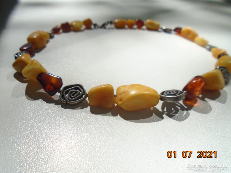Necklace made of three types of amber and silver spiral disk beads