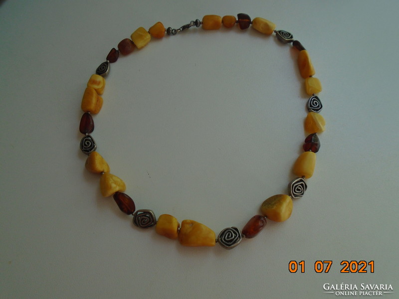 Necklace made of three types of amber and silver spiral disk beads