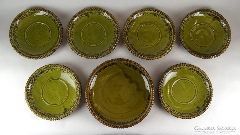 1F088 Zöld mázas mezőtúri kerámia süteményes tortás készlet 6 + 1 darab