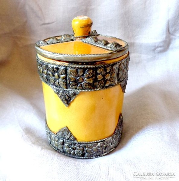 Moroccan glazed sugar bowl with metal decoration and lid