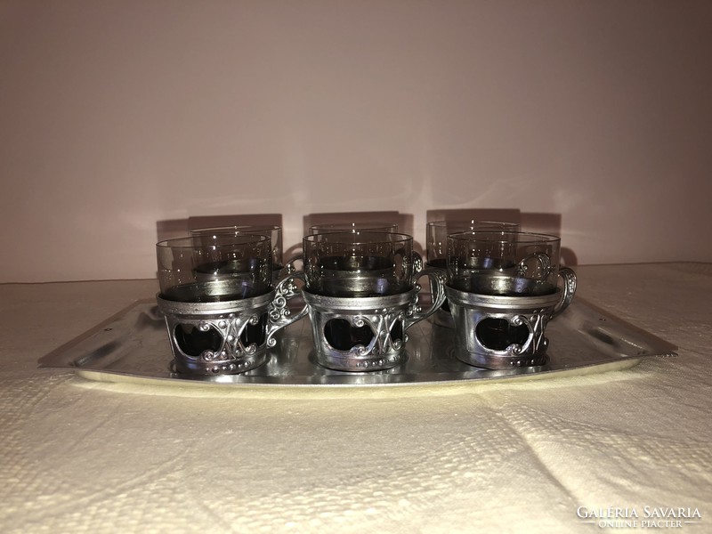Antique Russian cup holder (with 6 glasses and tray)