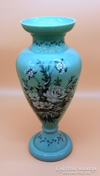Antik Zöld Üveg Váza kézzel festett Virágcsokor dekorációval