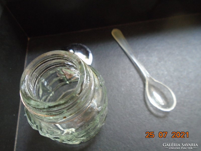 Embossed thick cast glass with spice serving spoon, threaded chrome cap