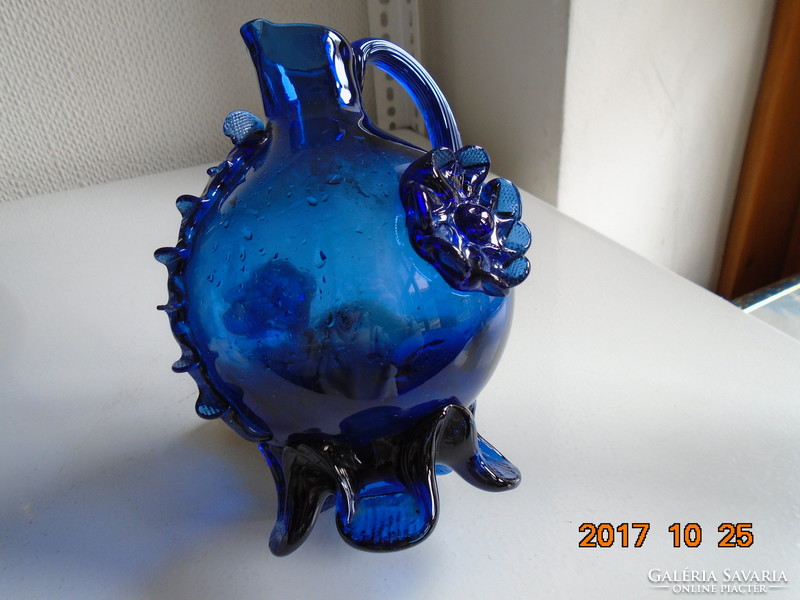 Murano indigo blue floral, footed, crested ornament jug 18 cm