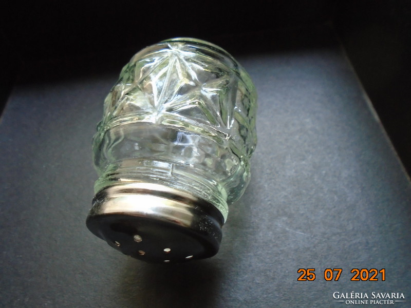 Embossed thick cast glass spice dispenser with threaded chrome cap